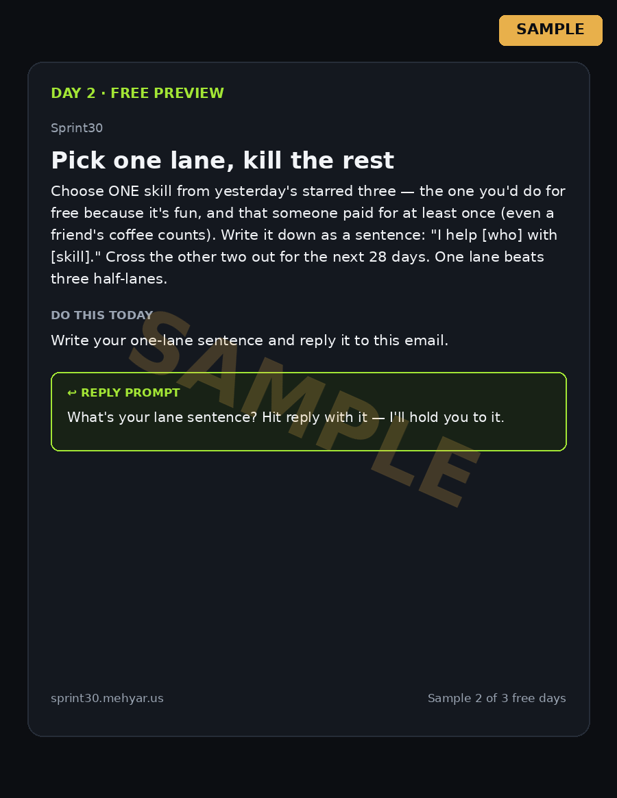 Sample Sprint30 Day 2 mission page: Pick one lane, kill the rest