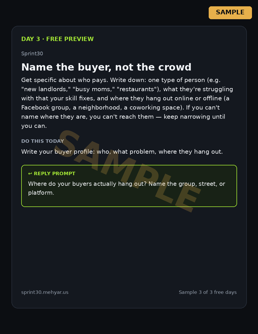 Sample Sprint30 Day 3 mission page: Name the buyer, not the crowd